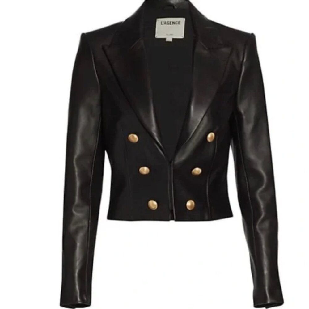 L'Agence Black Leather Cropped Blazer